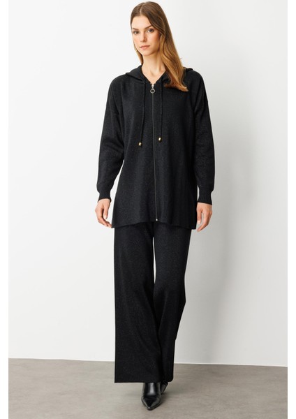 Kapüşon Detay Simli Triko Takım-SİYAH indirimleri