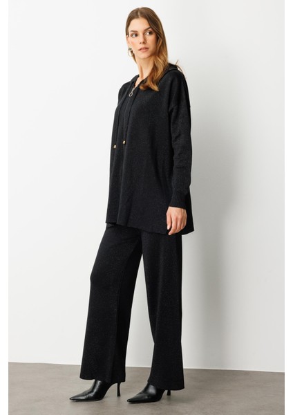 Kapüşon Detay Simli Triko Takım-SİYAH