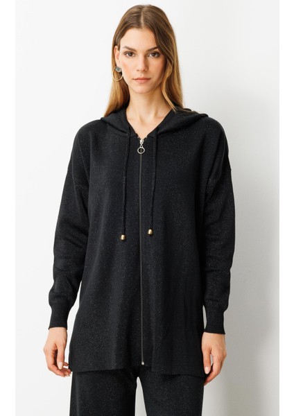 Kapüşon Detay Simli Triko Takım-SİYAH