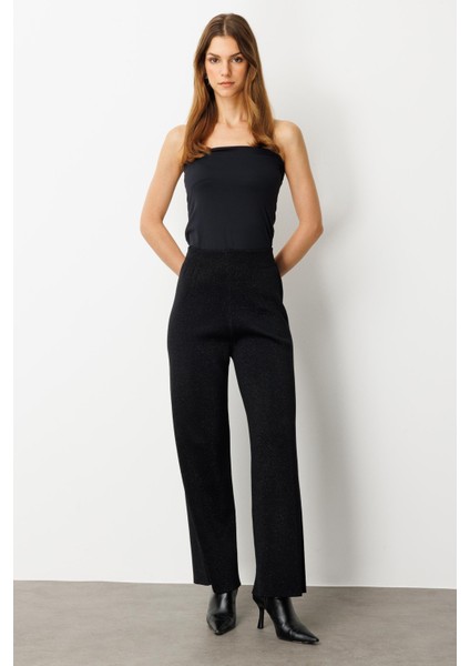 Kapüşon Detay Simli Triko Takım-SİYAH