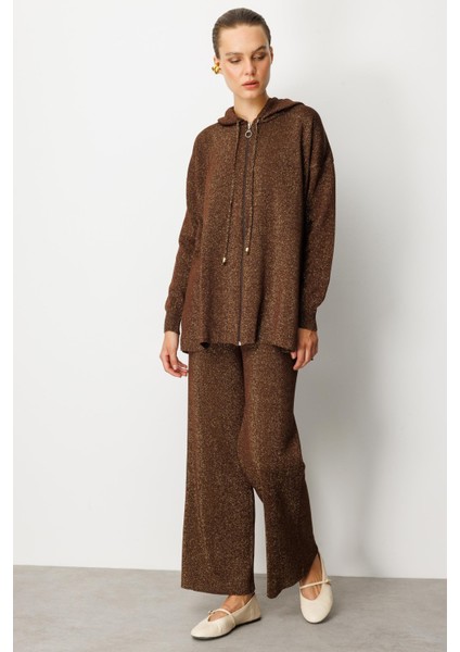 Kapüşon Detay Simli Triko Takım-KAHVE