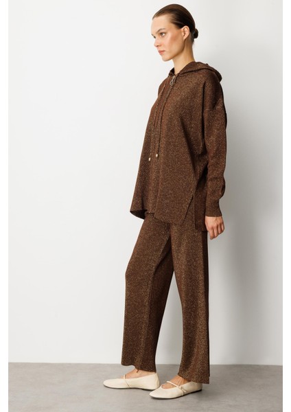 Kapüşon Detay Simli Triko Takım-KAHVE fiyatları