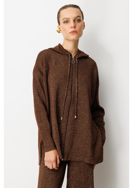 Kapüşon Detay Simli Triko Takım-KAHVE modelleri