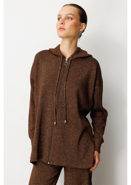 Kapüşon Detay Simli Triko Takım-KAHVE fırsatları