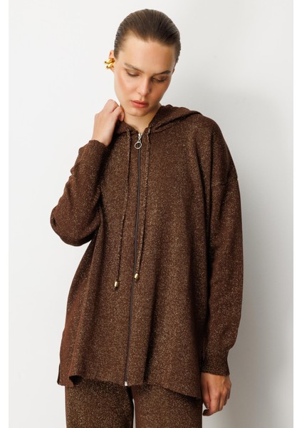 Kapüşon Detay Simli Triko Takım-KAHVE indirimleri