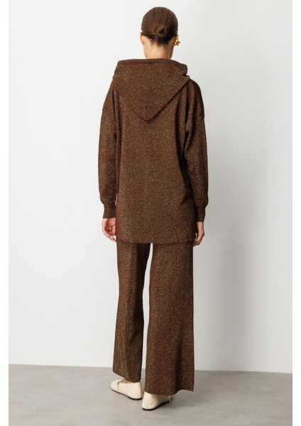 Kapüşon Detay Simli Triko Takım-KAHVE