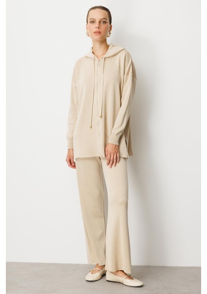 Kapüşon Detay Simli Triko Takım-BEJ
