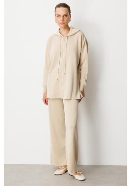 Kapüşon Detay Simli Triko Takım-BEJ fiyatları