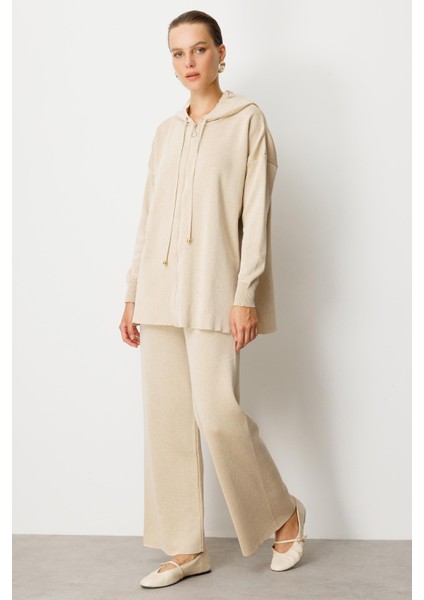 Kapüşon Detay Simli Triko Takım-BEJ modelleri