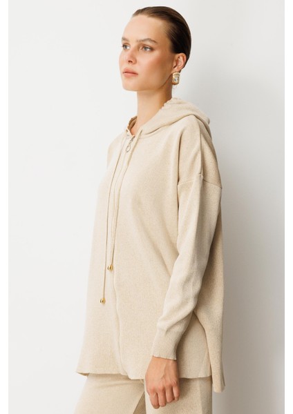 Kapüşon Detay Simli Triko Takım-BEJ fırsatları