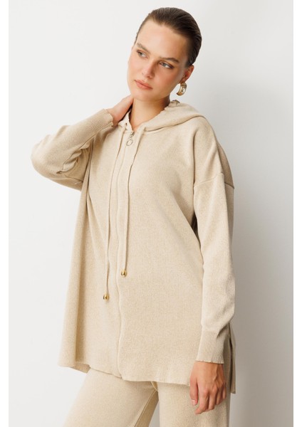 Kapüşon Detay Simli Triko Takım-BEJ indirimleri