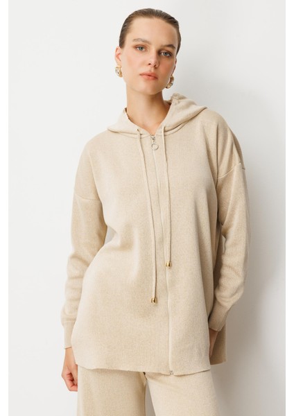 Kapüşon Detay Simli Triko Takım-BEJ