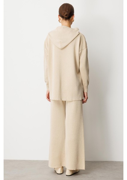 Kapüşon Detay Simli Triko Takım-BEJ