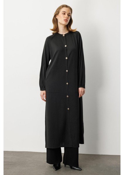 Kolları Lastikli Cep Detay Uzun Hırka-Siyah