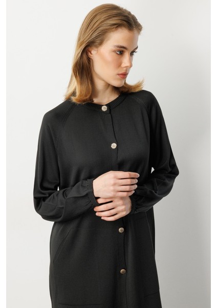 Kolları Lastikli Cep Detay Uzun Hırka-Siyah