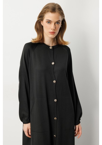 Kolları Lastikli Cep Detay Uzun Hırka-Siyah