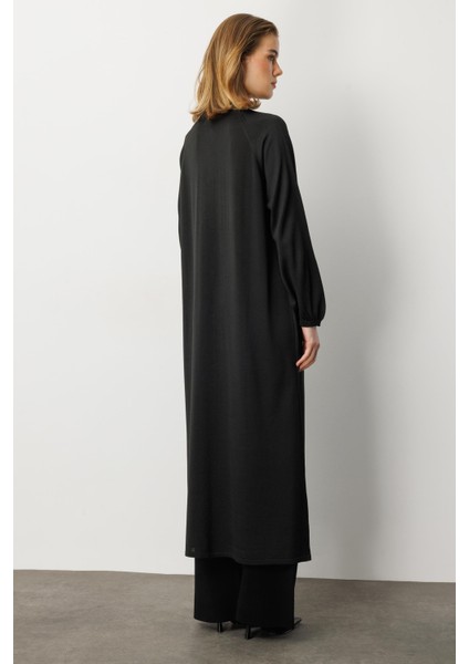 Kolları Lastikli Cep Detay Uzun Hırka-Siyah