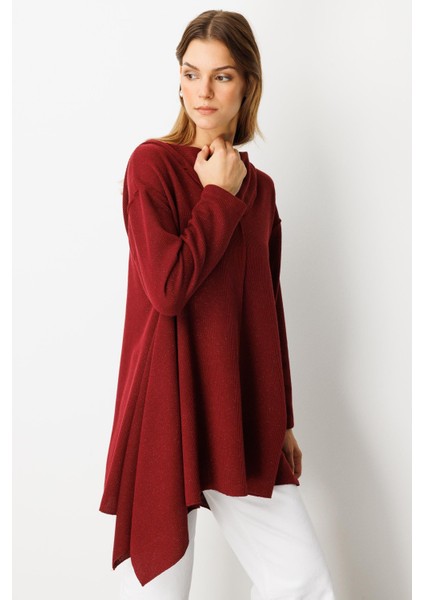 Asimetrik Kesim Kapüşonlu Dokuma Tunik-BORDO fiyatları