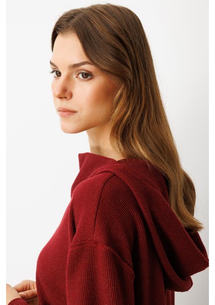 Asimetrik Kesim Kapüşonlu Dokuma Tunik-BORDO modelleri