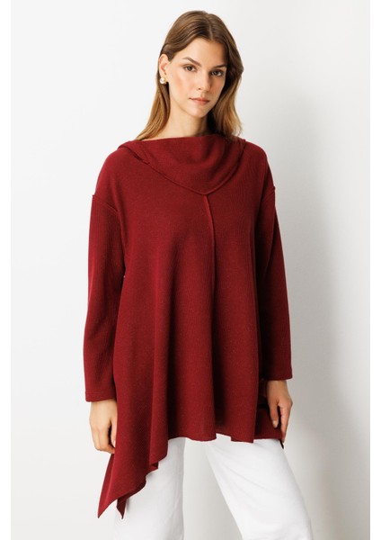 Asimetrik Kesim Kapüşonlu Dokuma Tunik-BORDO fırsatları