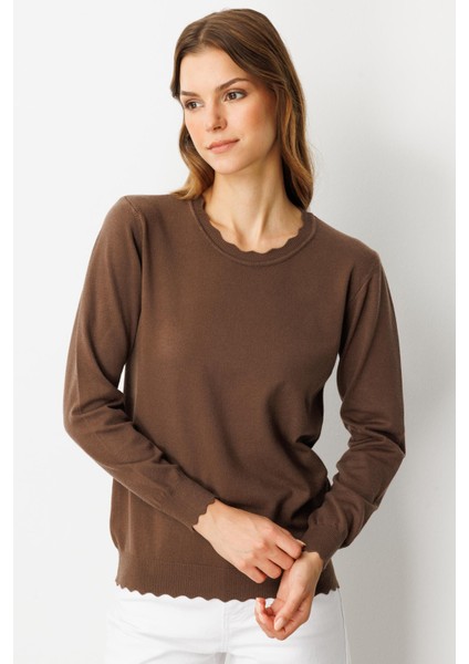 Yuvarlak Yaka Angora Triko Kazak-Kahve