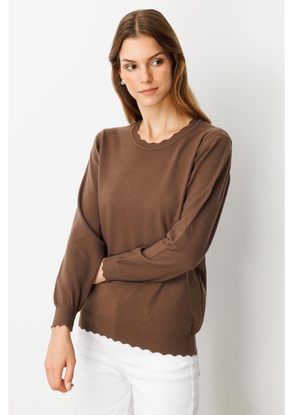 Yuvarlak Yaka Angora Triko Kazak-Kahve fırsatları
