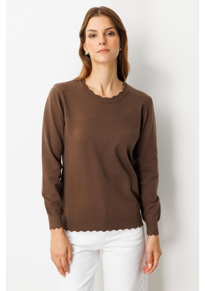 Yuvarlak Yaka Angora Triko Kazak-Kahve indirimleri