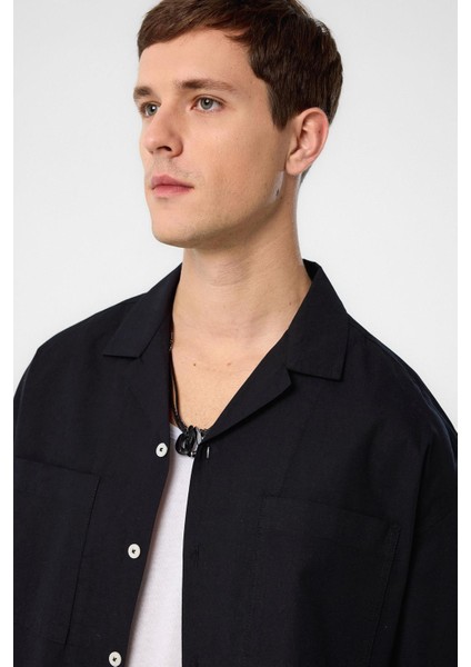 Siyah Relax Fit Kısa Erkek Gömlek modelleri
