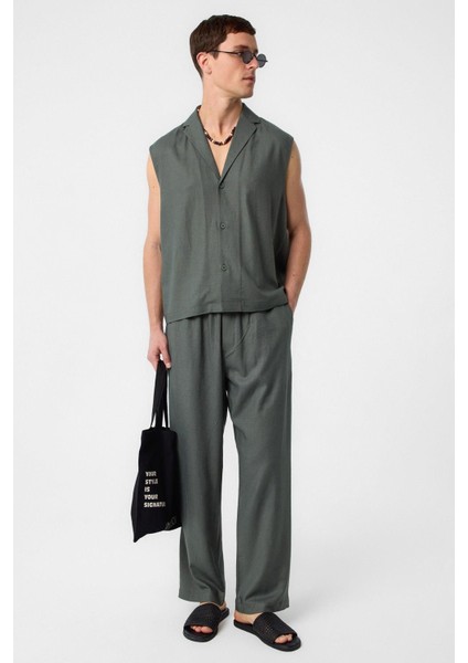 Haki Keten Karışımlı Kolsuz Erkek Gömlek fiyatları