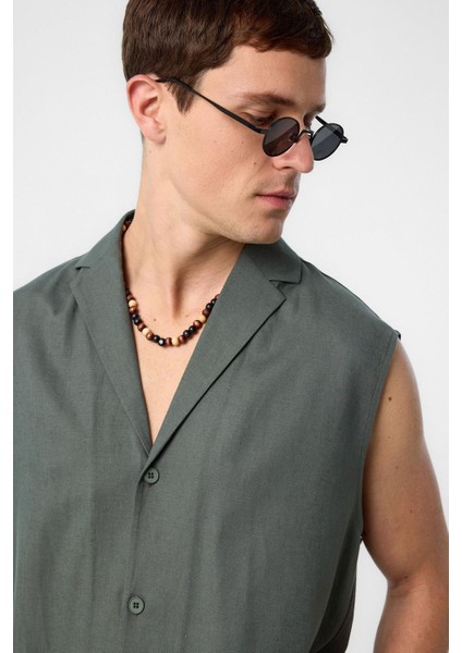 Haki Keten Karışımlı Kolsuz Erkek Gömlek fırsatları