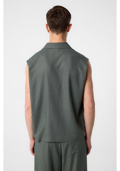 Haki Keten Karışımlı Kolsuz Erkek Gömlek indirimleri