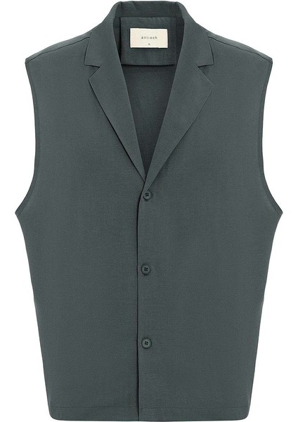 Haki Keten Karışımlı Kolsuz Erkek Gömlek