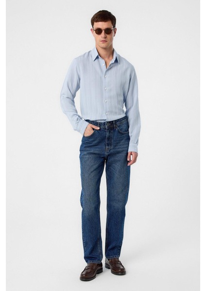 Mavi Çizgili ve Dokulu Erkek Gömlek modelleri