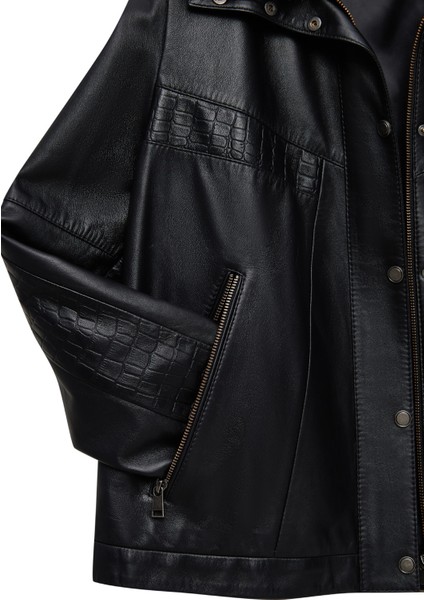 Hannah Kadın Siyah Yaka Kürklü Oversize Deri Mont 25WGE56141M