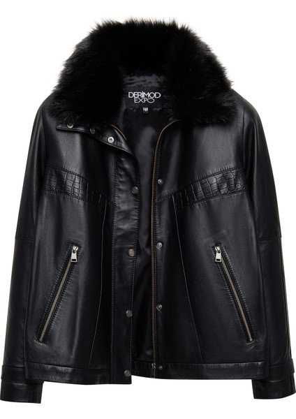 Hannah Kadın Siyah Yaka Kürklü Oversize Deri Mont 25WGE56141M