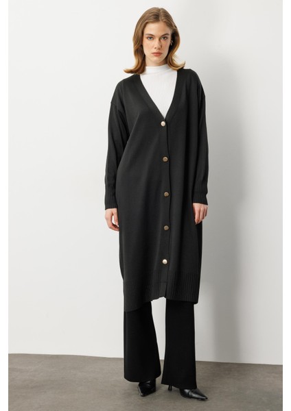 Düğme Detaylı Uzun Triko Hırka-Siyah