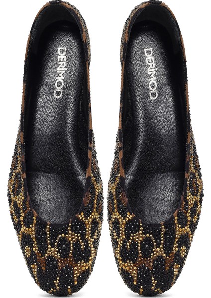 Kadın Leopar Desenli Taşlı Deri Babet 25AFD120914