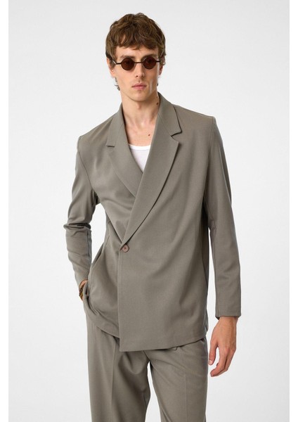 Açık Haki Kruvaze Kapama Gizli Cep Erkek Blazer Ceket
