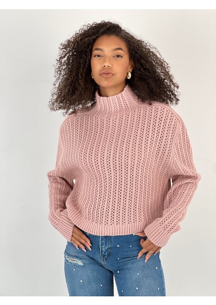 Kadın Boğazlı Delikli Örgü Pudra Kazak