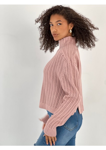 Kadın Boğazlı Delikli Örgü Pudra Kazak modelleri