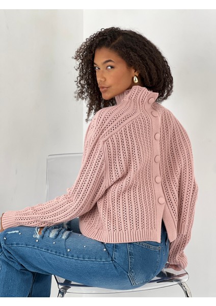 Kadın Boğazlı Delikli Örgü Pudra Kazak fırsatları