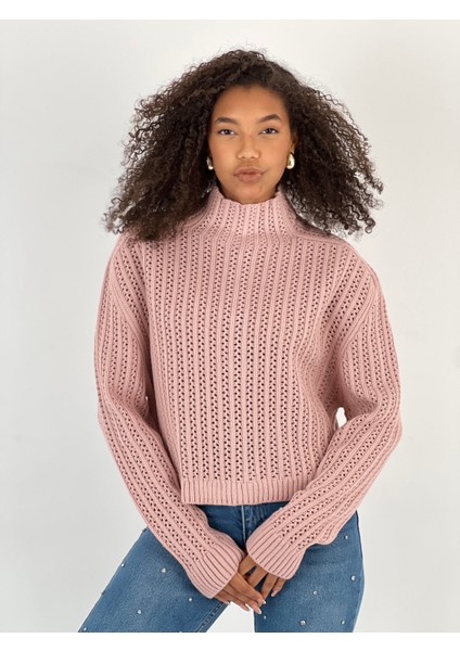 Kadın Boğazlı Delikli Örgü Pudra Kazak indirimleri