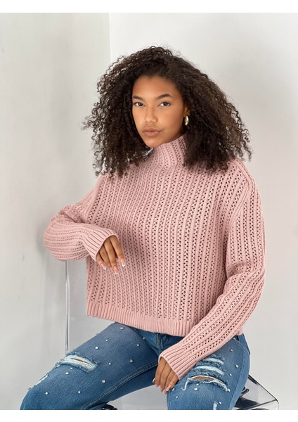 Kadın Boğazlı Delikli Örgü Pudra Kazak