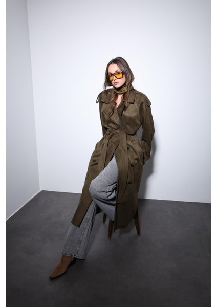 Haki Kruvaze Süet Görünümlü Premium Kadın Trençkot