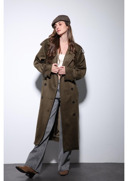 Haki Kruvaze Süet Görünümlü Premium Kadın Trençkot fiyatları