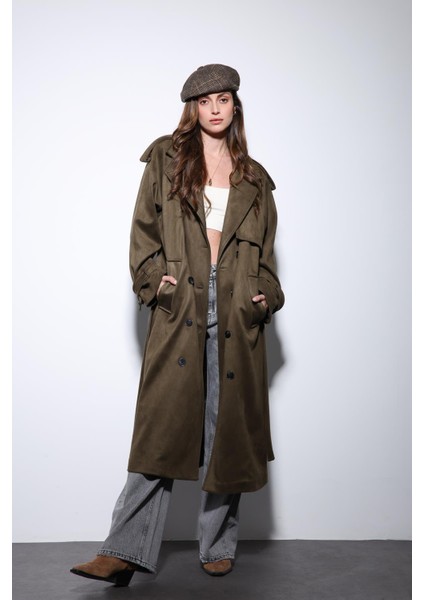Haki Kruvaze Süet Görünümlü Premium Kadın Trençkot modelleri