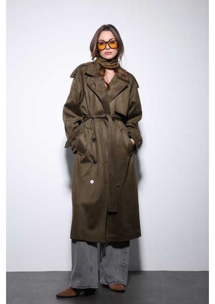 Haki Kruvaze Süet Görünümlü Premium Kadın Trençkot fırsatları