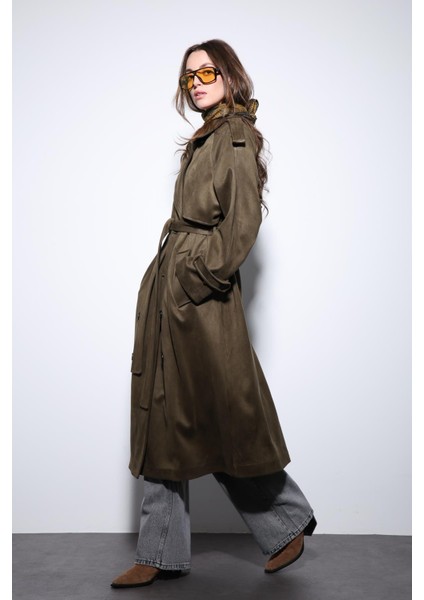 Haki Kruvaze Süet Görünümlü Premium Kadın Trençkot