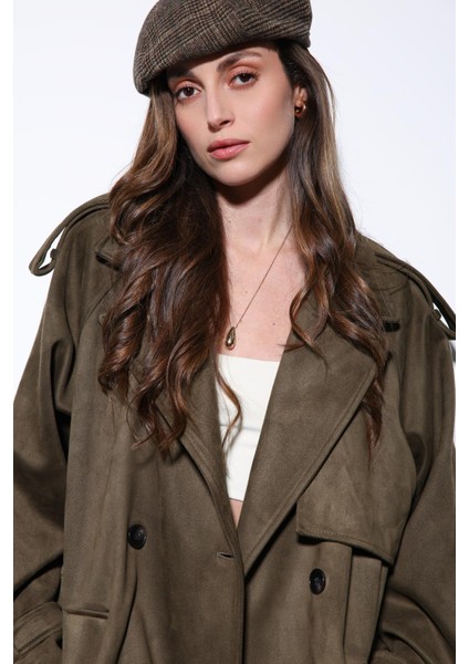 Haki Kruvaze Süet Görünümlü Premium Kadın Trençkot
