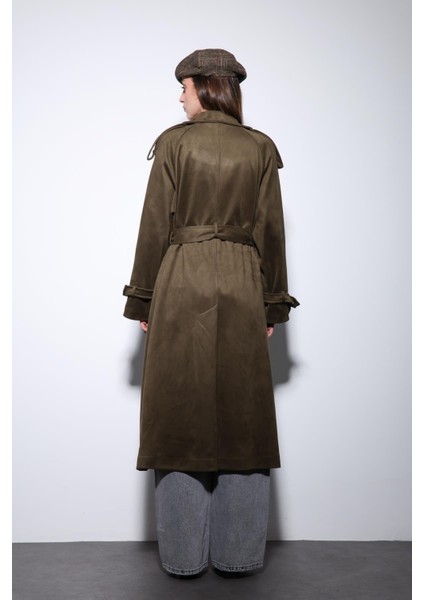 Haki Kruvaze Süet Görünümlü Premium Kadın Trençkot